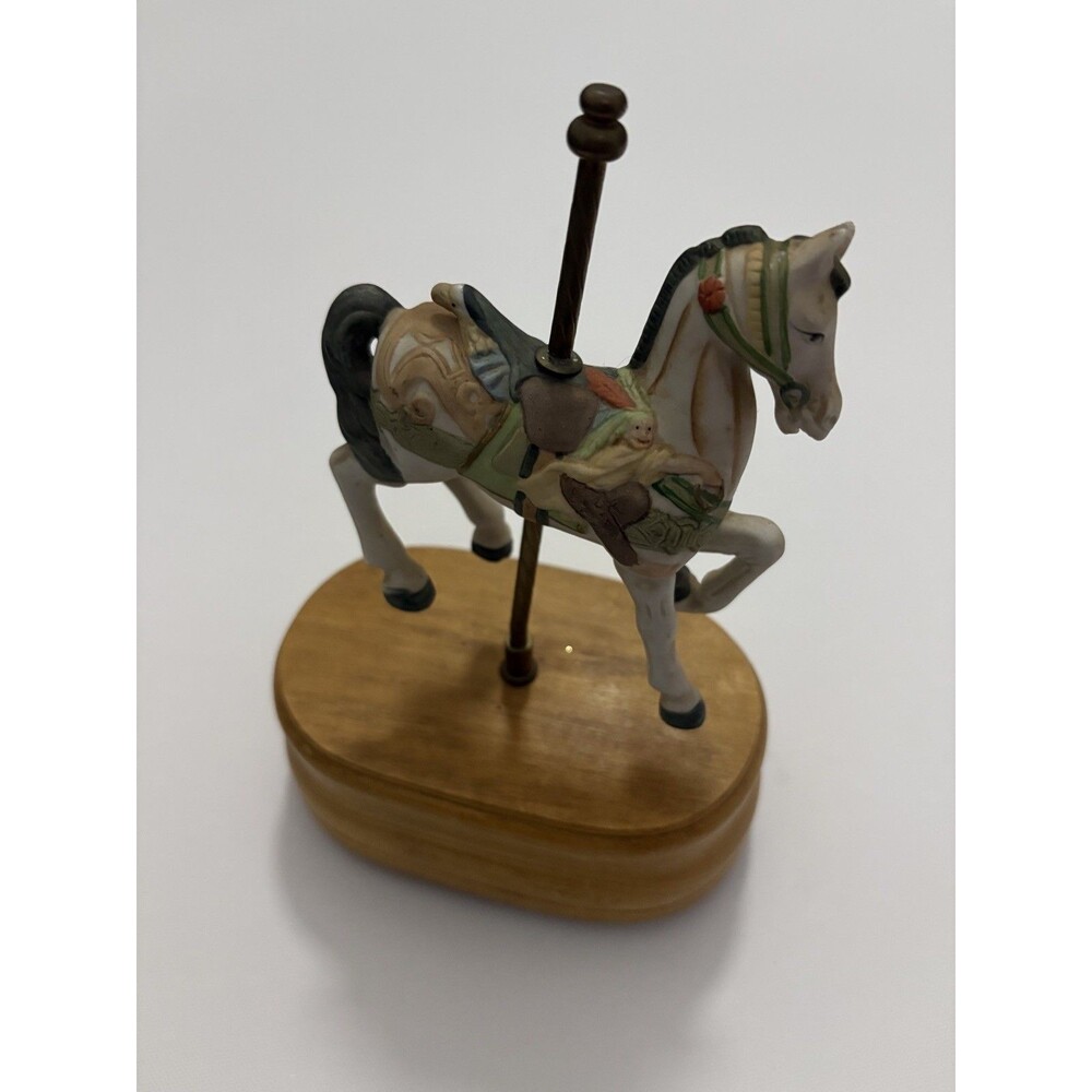 Musical Carousel Horse Porcelain Wood Base Music Box Brass Pole